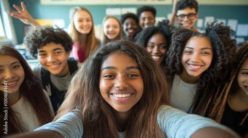 Happy young students taking a selfie portrait together in a university or school classroom. An African-American girl takes a photo with his smiling classmates. Friends at the Academy