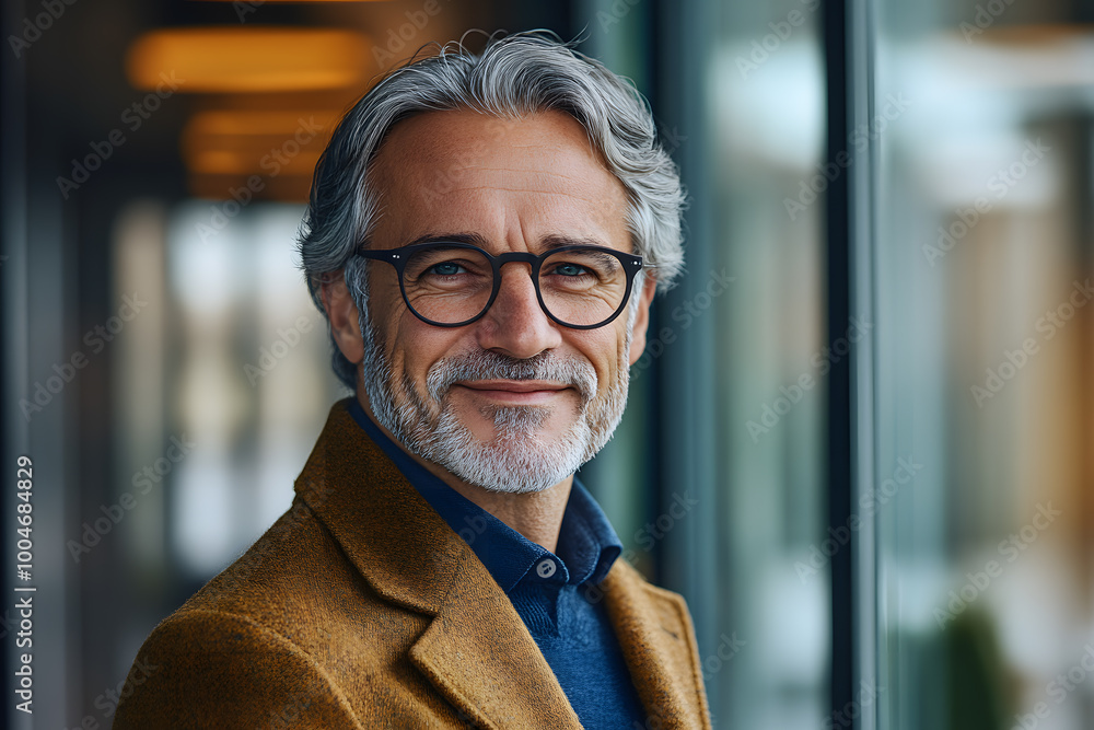 Fototapeta premium Senior man with gray hair smiling with his house in the background out of focus. Concept: lifestyle 
