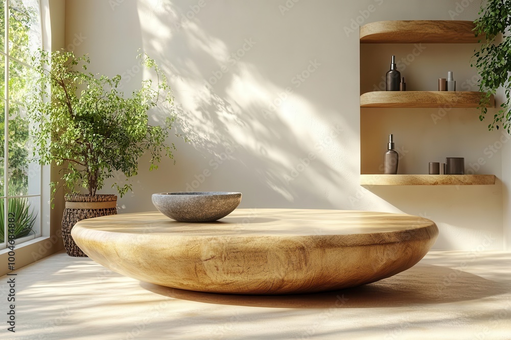 3d rendering of a wooden pedestal gracefully casting shadows on a warm beige backdrop ideal for showcasing beauty products in a natural and serene setting 3d rendering of a wooden pedestal gracefully casting shadows on a warm beige backdrop ideal for showcasing beauty products in a natural and serene setting