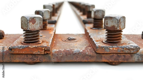 Detailed shot of train track bolts, isolated on white, with clear definition and wear visible.