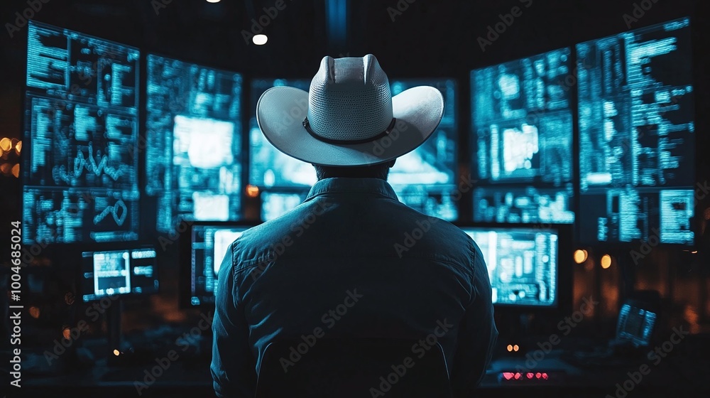 a white cowboy hat-wearing ethical hacker working in a dark room, surrounded by screens showing hacking code, symbolizing the critical importance of cybersecurity and digital protection a white cowboy hat-wearing ethical hacker working in a dark room, surrounded by screens showing hacking code, symbolizing the critical importance of cybersecurity and digital protection