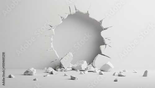 Photo of broken hole in white wall, rocks and debris on the ground, isolated on solid background, white background