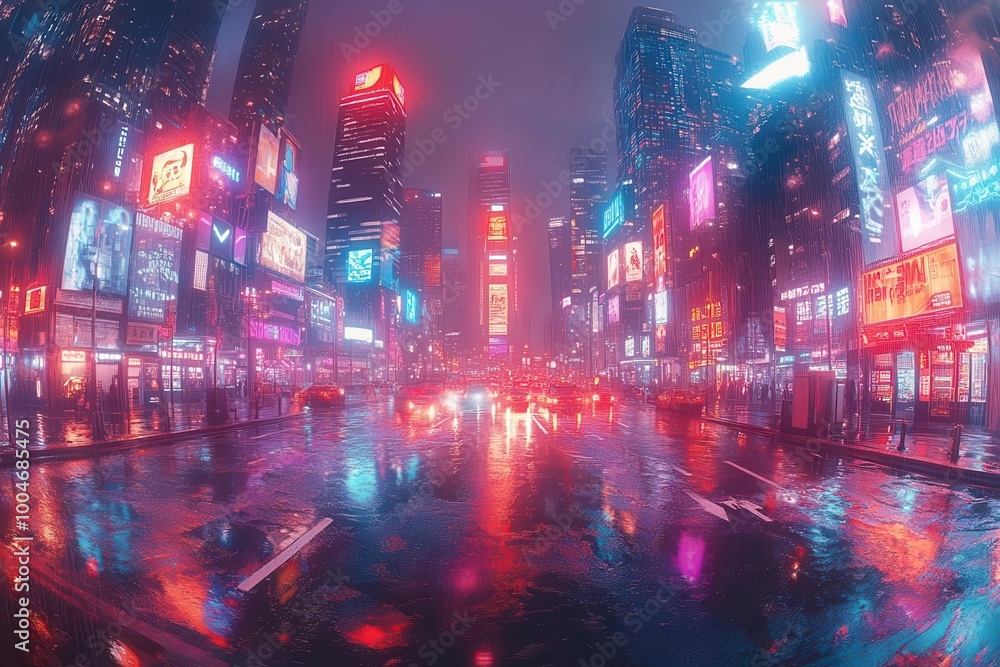 Obraz premium 360degree seamless spherical panorama of a cyberpunk night city showcasing neon lights and futuristic architecture perfect for immersive digital environments