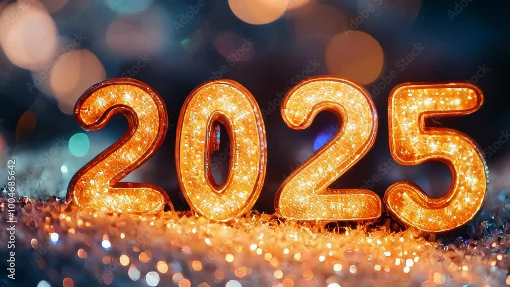 Sparkling golden lights illuminate the numbers 2025, creating a festive New Year's Eve atmosphere. Perfect for celebratory videos, social media posts, and New Year's greetings.. AI Generation Sparkling golden lights illuminate the numbers 2025, creating a festive New Year's Eve atmosphere. Perfect for celebratory videos, social media posts, and New Year's greetings.. AI Generation