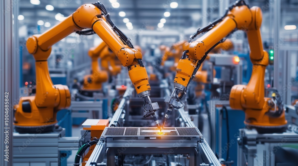 Advanced robotic arms welding metal parts in a busy factory during daylight hours in an automated manufacturing facility Advanced robotic arms welding metal parts in a busy factory during daylight hours in an automated manufacturing facility