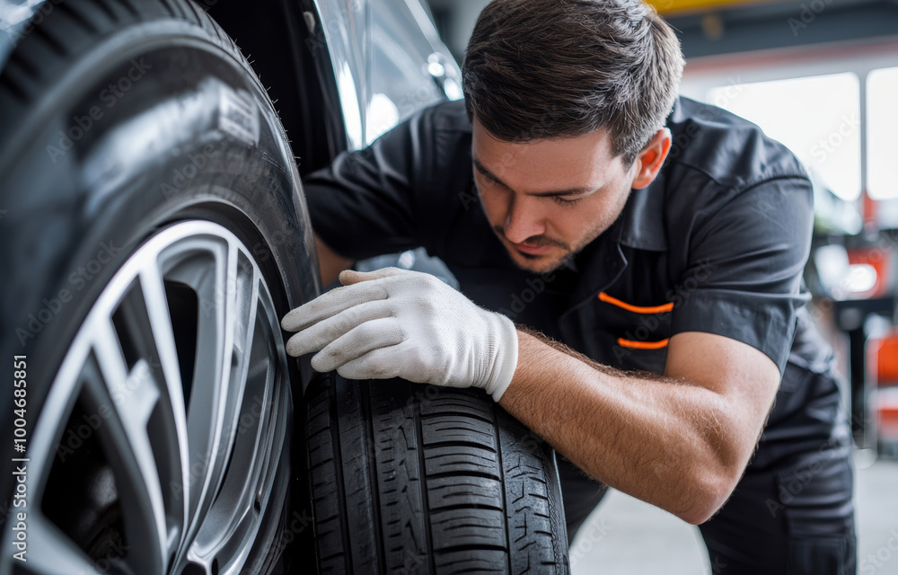 Fototapeta premium A skilled mechanic checks the condition of a car tire in a well-lit garage, ensuring safety and performance for the vehicle
