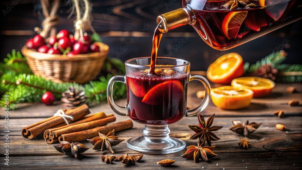 Mulled wine being poured into a glass, surrounded by spices, cinnamon sticks, and festive decorations on a wooden table. Mulled wine being poured into a glass, surrounded by spices, cinnamon sticks, and festive decorations on a wooden table.