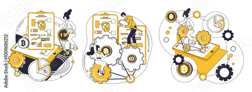 Cryptocurrency vector illustration. Bitcoin, blockchain and cryptocurrency concepts. Cryptocurrency shapes future financial landscapes Investment, gardener, tends to seeds cryptocurrency