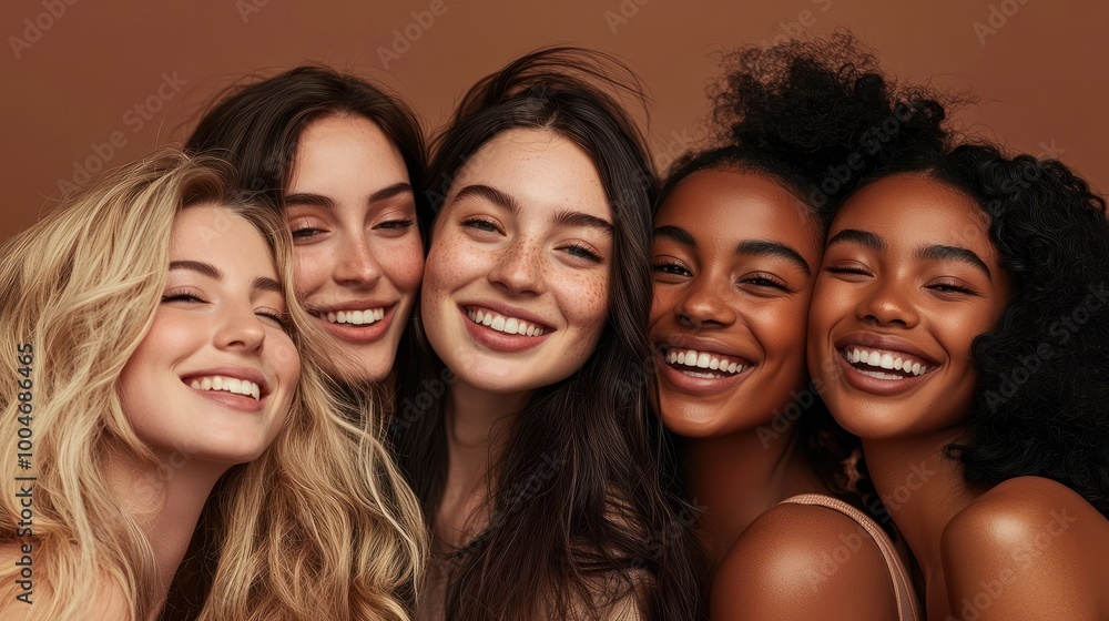 Obraz premium Beauty, diversity and portrait of women happy with makeup for cosmetic skincare isolated in studio brown background. Skin, aesthetic and young friends together for self care, dermatology and support