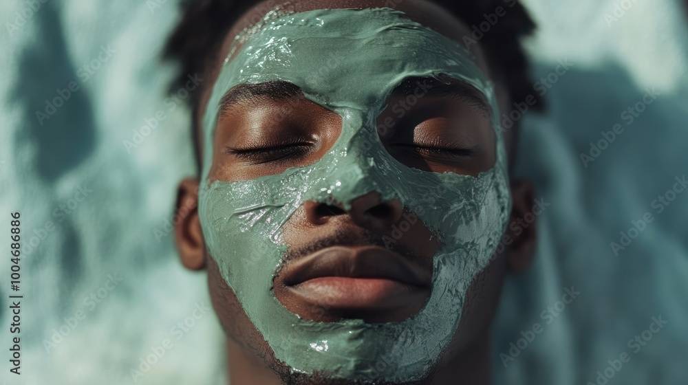Black man taking self-care with facial mask representing skincare and hydration Black man taking self-care with facial mask representing skincare and hydration