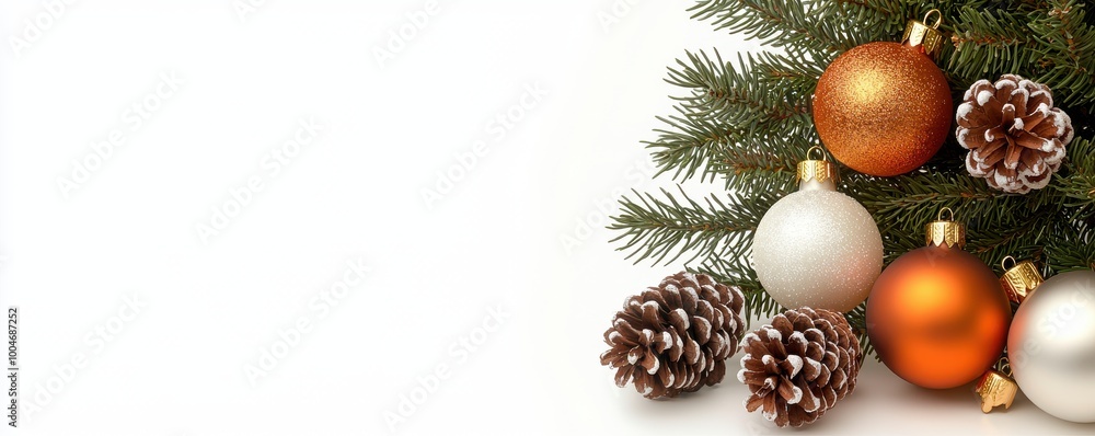 Ornaments and Pine Cones on Christmas Tree Branch Ornaments and Pine Cones on Christmas Tree Branch