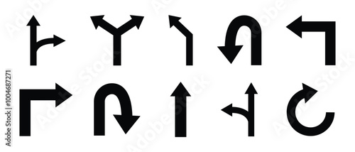 Way direction arrow icon set. One, two, and three-way direction arrows sign. Left, right road direction arrow. Road signpost symbol. Vector illustration.