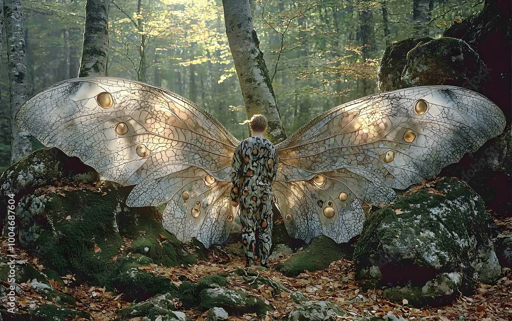 Enchanted forest: human with ethereal butterfly wings amidst trees and mossy rocks Enchanted forest: human with ethereal butterfly wings amidst trees and mossy rocks