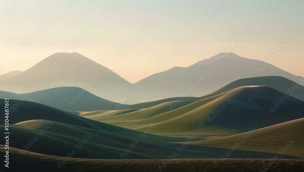 Fototapeta premium The photograph shows the rolling hills of an arid landscape at dawn, with soft light casting long shadows over the rugged terrain