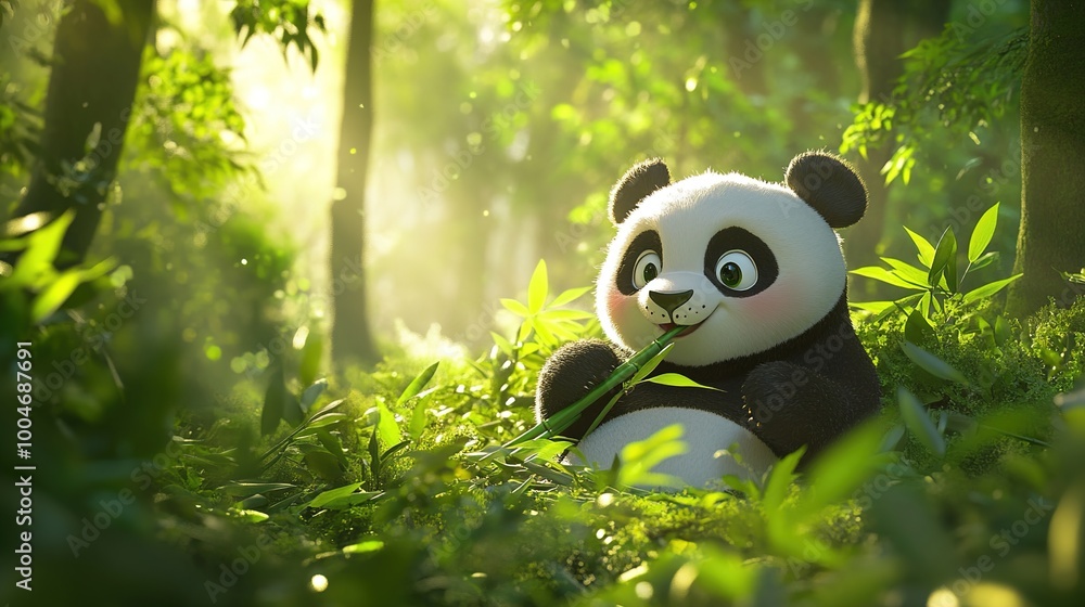 Charming 3D Cartoon Panda Enjoying Bamboo Delight Charming 3D Cartoon Panda Enjoying Bamboo Delight