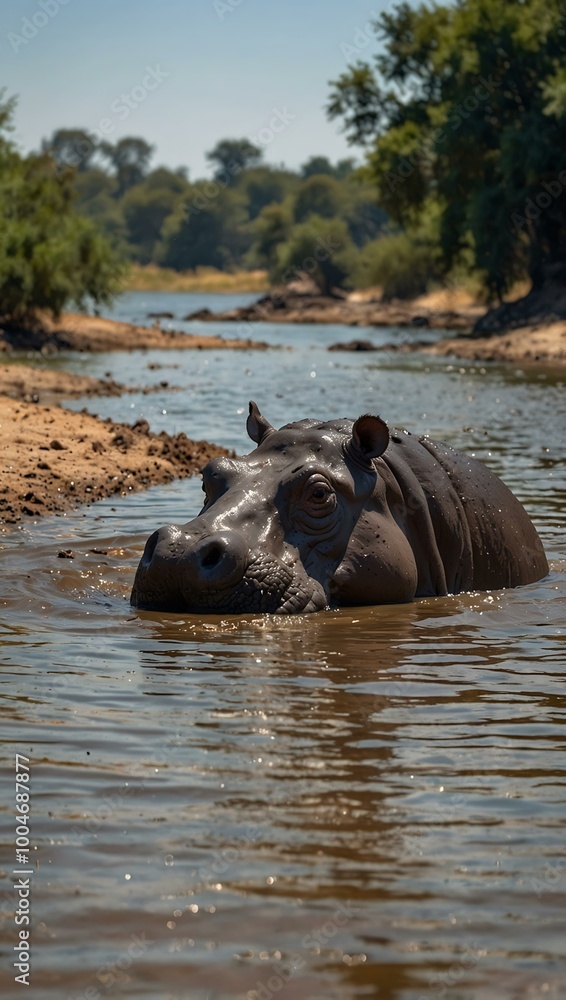 Hippos bathing in a river during a heatwave. Hippos bathing in a river during a heatwave.