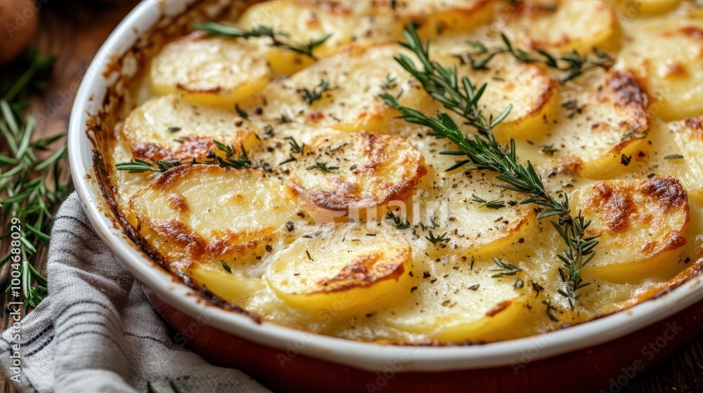Close up view of casserole dish with scalloped potatoes and herbs Close up view of casserole dish with scalloped potatoes and herbs