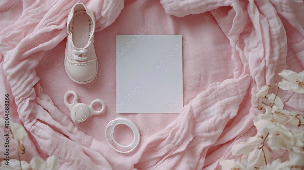 Pink baby booties, a teething toy, and a white card on pink fabric with white flowers. Pink baby booties, a teething toy, and a white card on pink fabric with white flowers.
