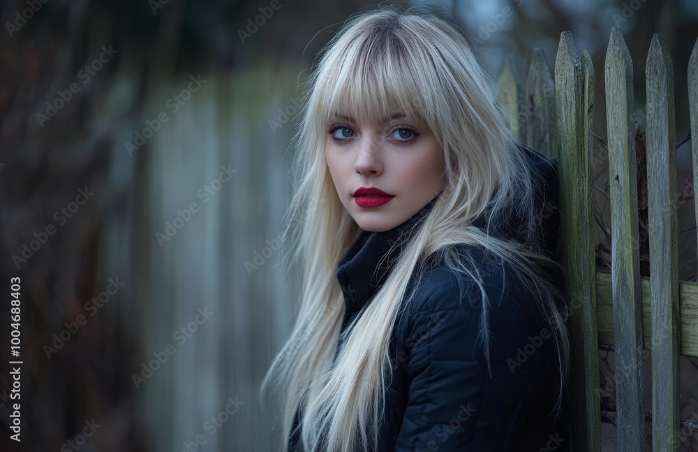 Naklejka premium The young woman stands against a wooden fence, showcasing her long blonde hair and red lips in a soft twilight ambiance