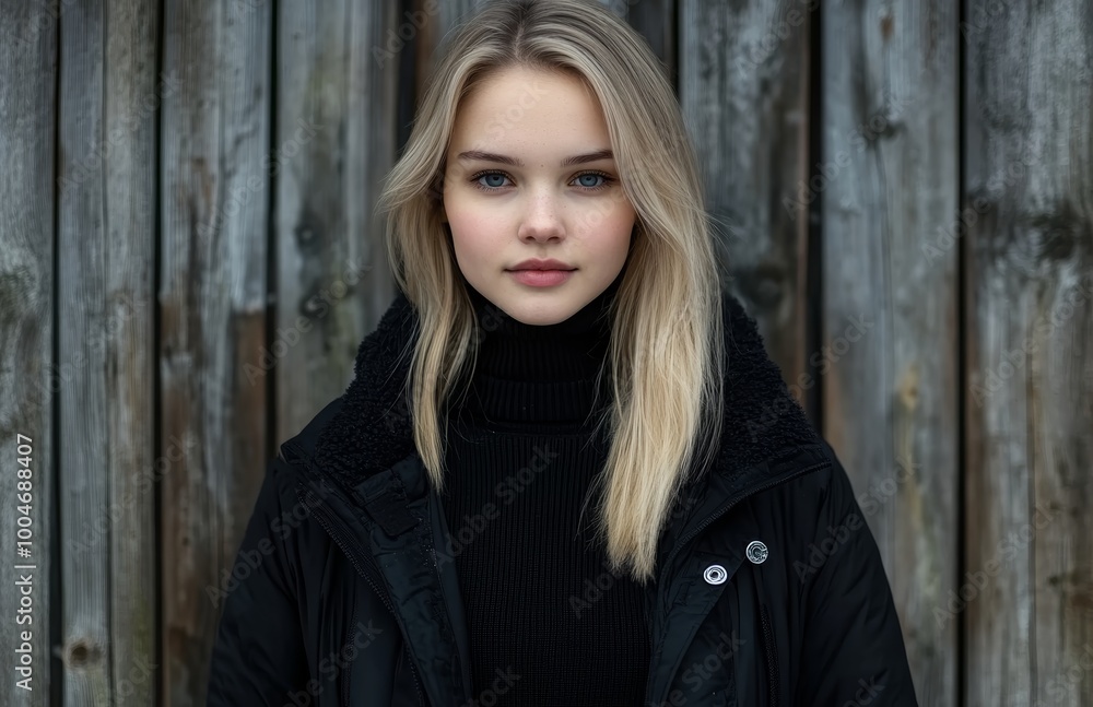 Fototapeta premium A young woman poses with a calm demeanor in front of weathered wooden planks, wearing a cozy black coat and a turtleneck sweater