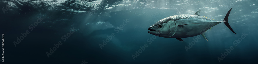 Fototapeta premium Underwater view of huge tuna in dark water. A big fish in the ocean.