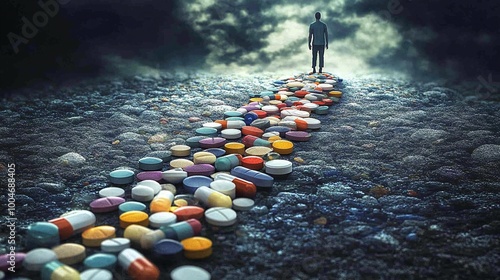 conceptual image highlighting the journey of addiction recovery symbolizing the fight and success in becoming free from the grip of opioid and prescription pill abuse photo