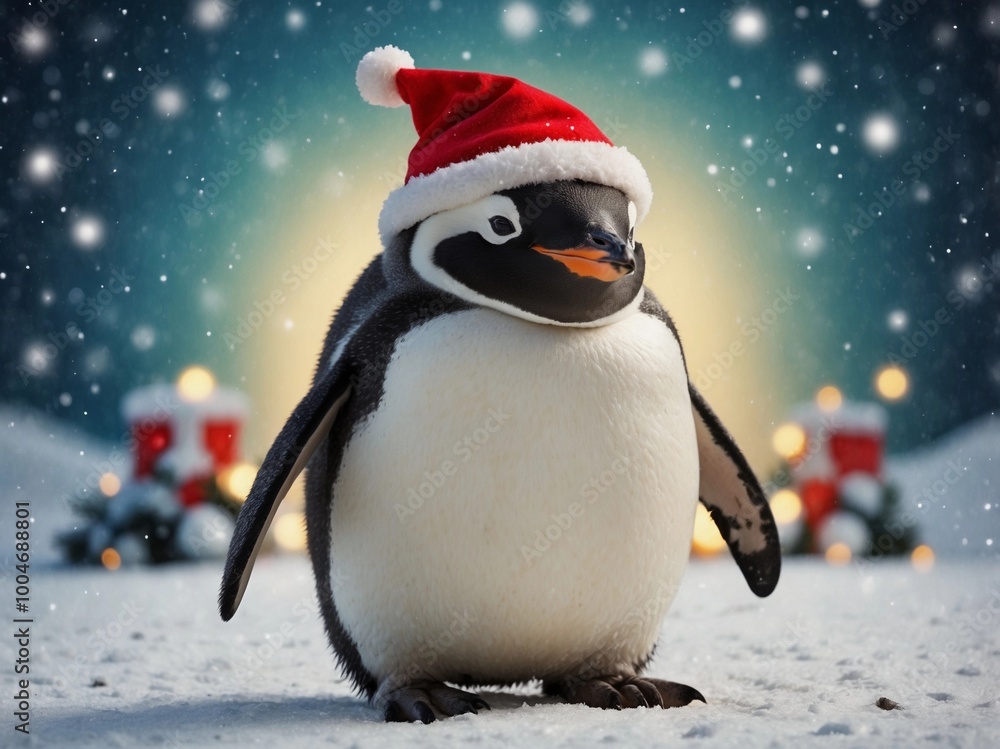 a penguin with a santa hat in the snow on a festive background with Christmas lights a penguin with a santa hat in the snow on a festive background with Christmas lights