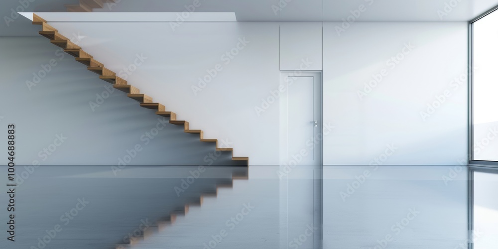 Obraz premium Water on the floor of an empty modern apartment with white walls and stairs, silver reflective surface, reflection of the ceiling in the liquid water