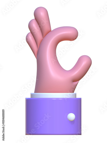 3D render of a toy hand. The thumb and forefinger are open in anticipation of taking the object. Funny 3D hand on a transparent background.