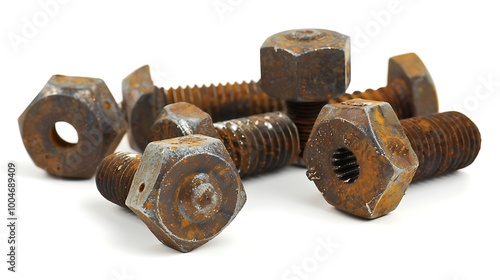 Detailed view of railway track bolts, isolated on white, with visible wear.