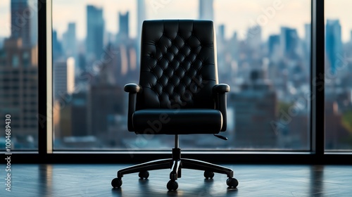 Executive chair with a minimalist black leather design, set in a glass-walled office overlooking a bustling city skyline photo