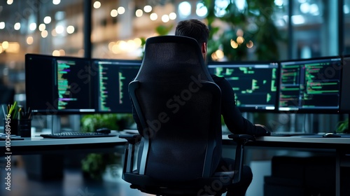 Executive chair with memory foam seat and armrests, positioned in front of multiple computer screens in a high-powered office photo