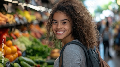 Happy woman with curly hair holding vegetables in a grocery market, shopping for organic food, healthy lifestyle, fresh produce, local farmers, vibrant and colorful market atmosphere