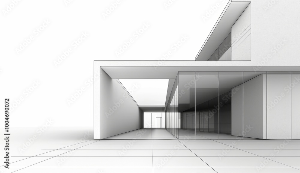Obraz premium White pencil sketch of modern architecture building with long corridor, white background, perspective view