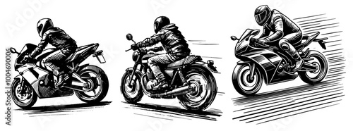 dynamic motorcycle riders in motion, hand-drawn black vector design