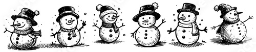 playful hand-drawn snowmen in various cheerful poses black vector illustration