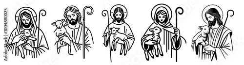 jesus christ and lamb in simple doodle line art style, black vector artwork