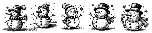 artistic snowmen collection in different poses and outfits black vector