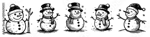 set of cute snowman illustrations with winter accessories in hand-drawn black vector