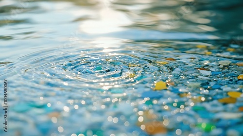 floating microplastics in clear water symbolizing the harmful environmental impact of plastic pollution in oceans and drinking water sources causing contamination and ecological disruption photo