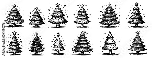 festive christmas tree illustrations in black vector hand-drawn style