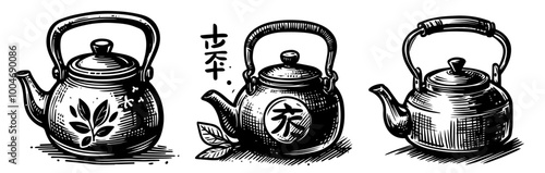 black vector illustration of japanese tea kettles hand-drawn set