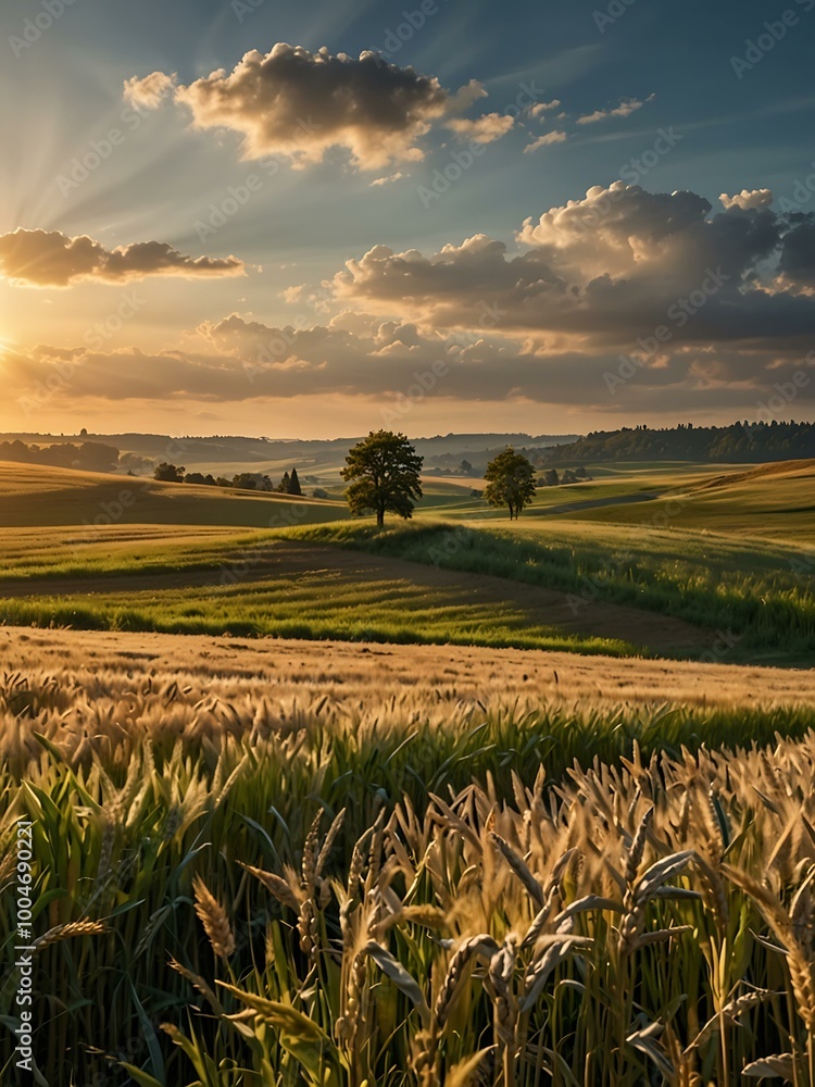 Idyllic countryside scene with a sunlit wheat field. Idyllic countryside scene with a sunlit wheat field.
