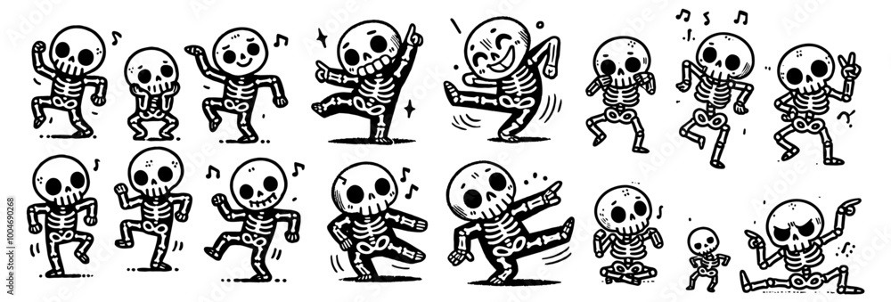 cartoon dancing skeletons in different poses, fun black vector illustrations cartoon dancing skeletons in different poses, fun black vector illustrations