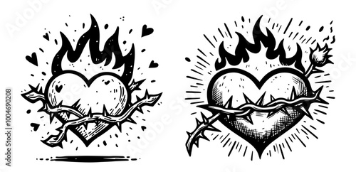 cartoon style flaming hearts with thorns in black and white vector collection