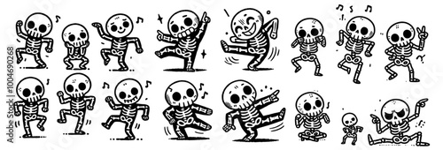 cartoon dancing skeletons in different poses, fun black vector illustrations