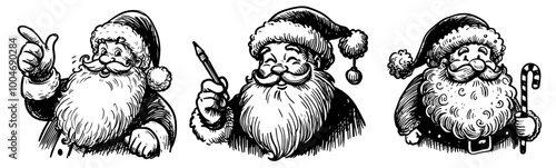 festive santa claus with beard and hat in hand-drawn black vector