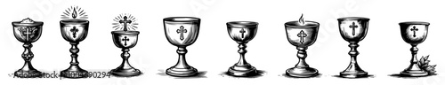 hand-drawn ornate chalice set in vintage black vector illustration