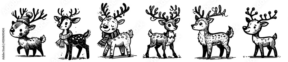 cartoon style santa's reindeer set in playful poses, black vector illustration cartoon style santa's reindeer set in playful poses, black vector illustration