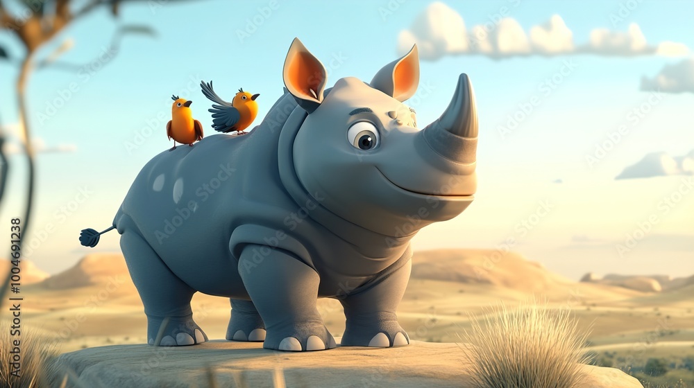 Cartoon Rhino with Birds in a 3D Landscape Cartoon Rhino with Birds in a 3D Landscape